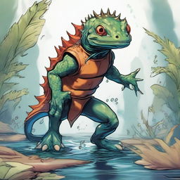 An illustration of a comic-style salamander or newt warrior from Dungeons & Dragons, depicted underwater