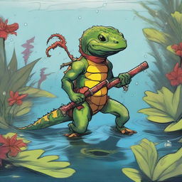 An illustration of a comic-style salamander or newt warrior from Dungeons & Dragons, depicted underwater