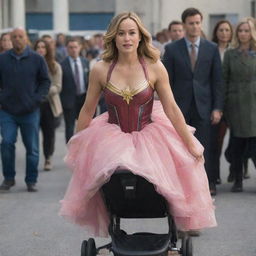 Brie Larson as Captain Marvel, wearing a whimsical pink dress, nestled comfortably in a baby stroller. She is hilariously being pushed around by friendly aliens in a light-hearted and playful setting.