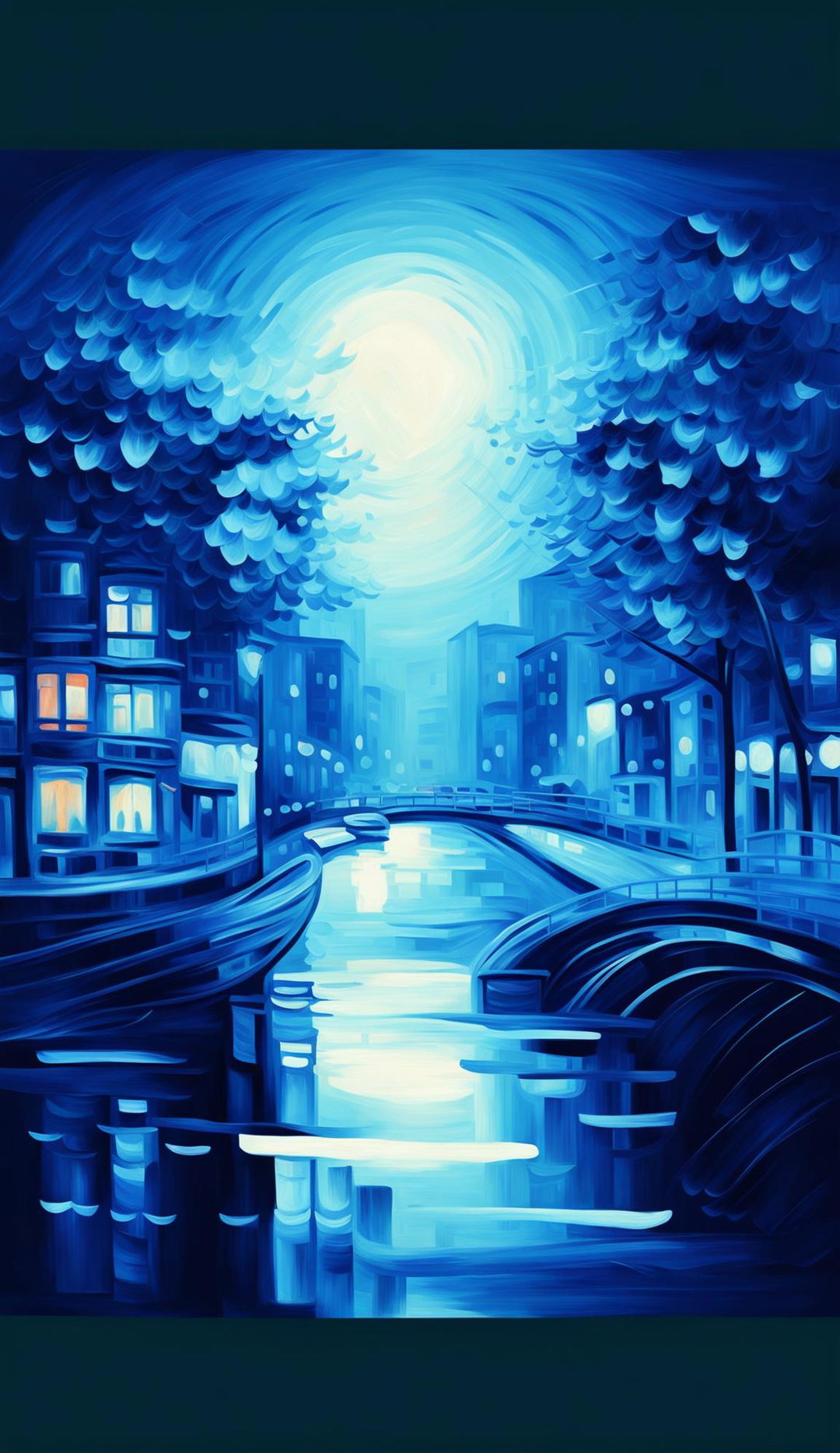 Create a beautiful impressionist style poster with a blue vibe and aesthetic, featuring a serene landscape, cityscape, or tranquil scene by the water in various shades of blue