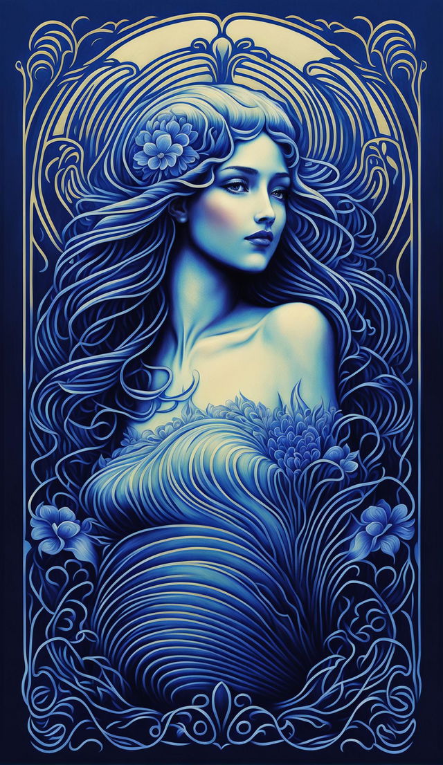 Design an Art Nouveau style poster with a blue vibe and aesthetic, featuring a graceful woman surrounded by intricate patterns and floral motifs in various shades of blue