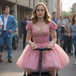 Brie Larson as Captain Marvel, wearing a whimsical pink dress, nestled comfortably in a baby stroller. She is hilariously being pushed around by friendly aliens in a light-hearted and playful setting.