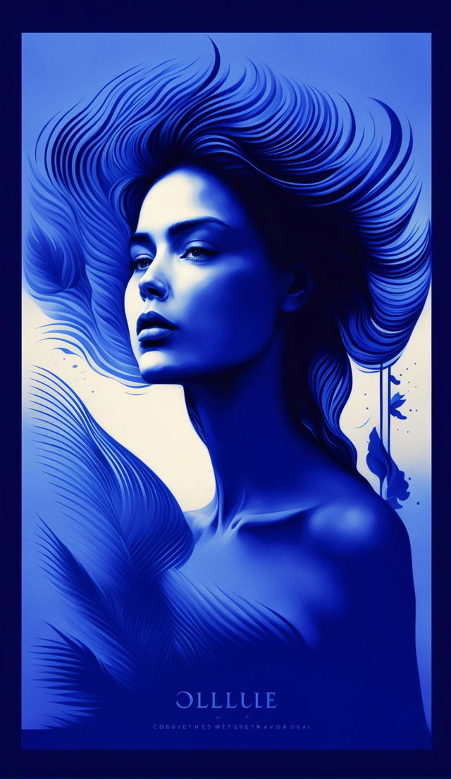 Create an elegant style poster with a blue vibe and aesthetic, featuring clean lines, graceful forms, and a harmonious color palette in various shades of blue