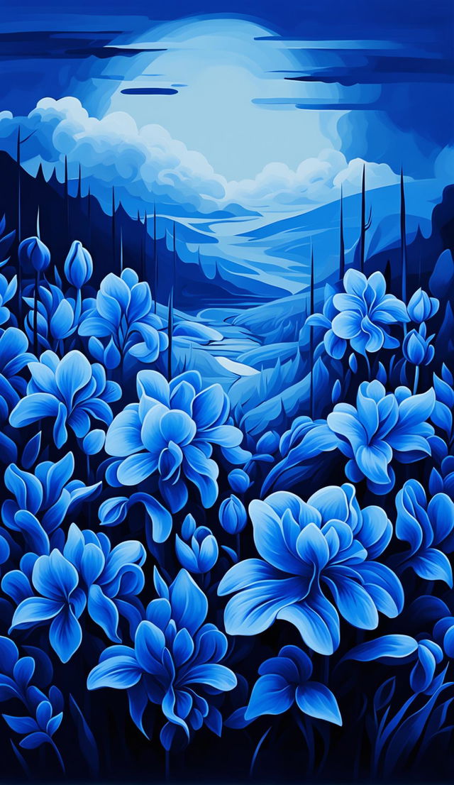 Create an impressionist style poster with a blue vibe and blue flower aesthetic, featuring an array of blue flowers in various shades of blue, complemented by a soft, dreamy background