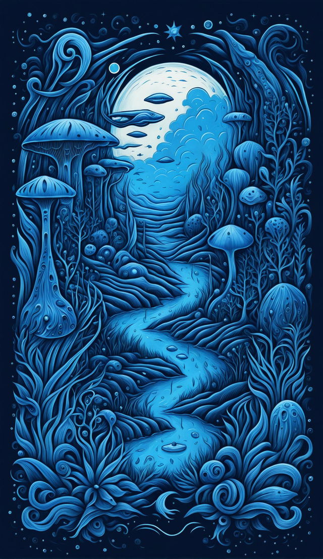 Create an illustration style poster with a blue vibe and blue alien aesthetic, featuring an otherworldly alien landscape in various shades of blue with fantastical flora and fauna