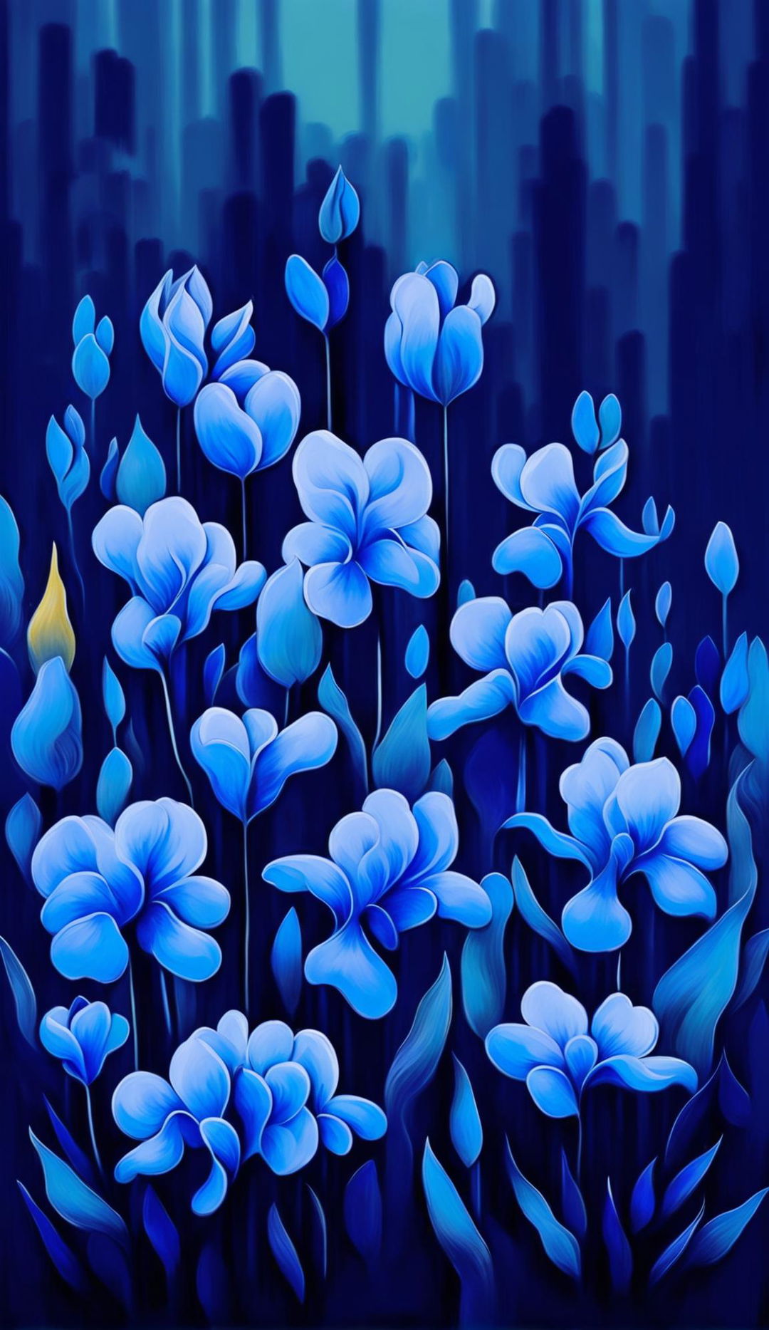 Create an impressionist style poster with a blue vibe and blue flower aesthetic, featuring a field of blue flowers depicted in various shades of blue with loose brushstrokes and vibrant colors