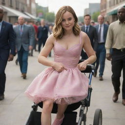 Brie Larson as Captain Marvel, wearing a whimsical pink dress, nestled comfortably in a baby stroller. She is hilariously being pushed around by friendly aliens in a light-hearted and playful setting.