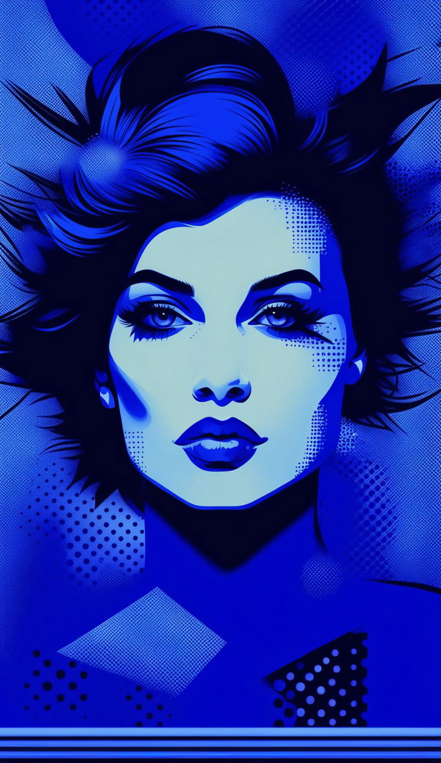 Create a pop art style poster with a blue vibe and blue aesthetic, featuring bold outlines, vibrant colors, and repetitive patterns in various shades of blue, with no text