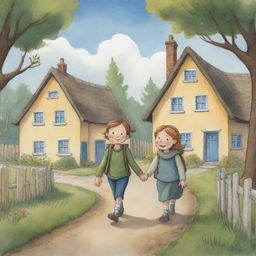 A comforting, straightforward-to-illustrate cartoon scene for a children's book showing Finn and Fiona strolling towards their snug, welcoming houses with content smiles.