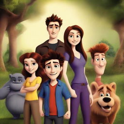 Create a Disney Pixar movie poster featuring characters from Twilight, including Bella, Edward, Jacob, and the Cullen Family