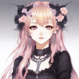 Create an anime girl with long blonde hair, medium light brown eyes, pink highlights, two piercings on her mouth and septum, silver nails, and a gothic style