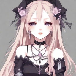 Create an anime girl with long blonde hair, medium light brown eyes, pink highlights, two piercings on her mouth and septum, silver nails, and a gothic style