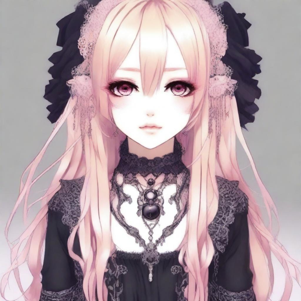 Create an anime girl with long blonde hair, medium light brown eyes, pink highlights, two piercings on her mouth and septum, silver nails, and a gothic style