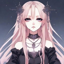 Create an anime girl with long blonde hair, medium light brown eyes, pink highlights, two piercings on her mouth and septum, silver nails, and a gothic style