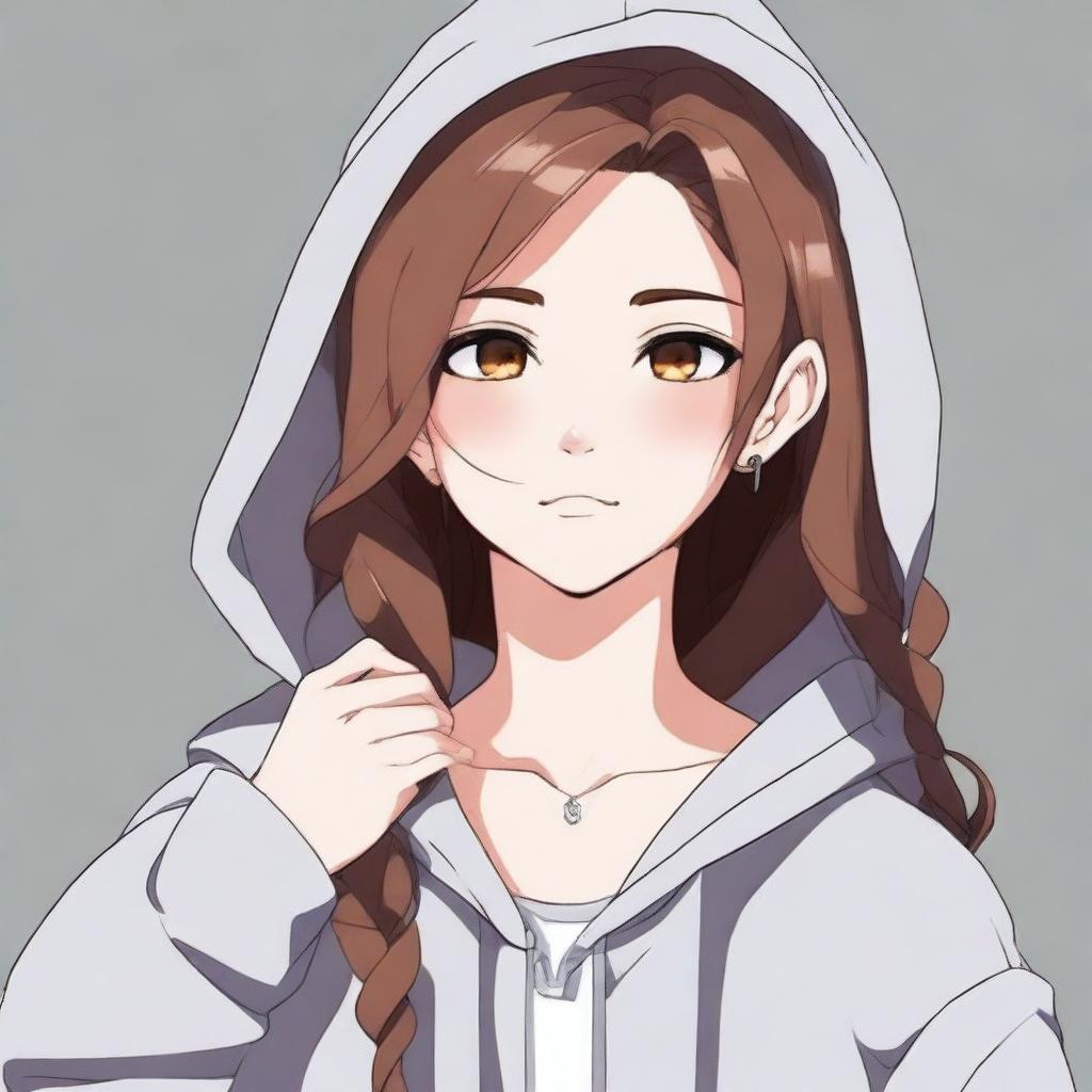 Create an anime girl with long brown hair, light brown eyes, and two piercings on her mouth and septum