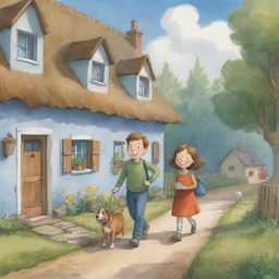 A comforting, straightforward-to-illustrate cartoon scene for a children's book showing Finn and Fiona strolling towards their snug, welcoming houses with content smiles.