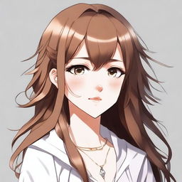 Create a 2D waifu with long brown hair, light brown eyes, and piercings