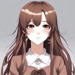 Create a 2D waifu with long brown hair, light brown eyes, and piercings