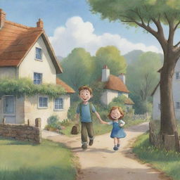 A comforting, straightforward-to-illustrate cartoon scene for a children's book showing Finn and Fiona strolling towards their snug, welcoming houses with content smiles.