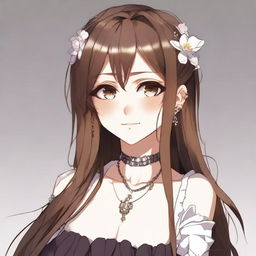 Create a 2D waifu with long brown hair, light brown eyes, and piercings