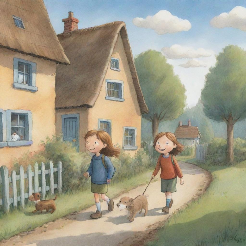 A comforting, straightforward-to-illustrate cartoon scene for a children's book showing Finn and Fiona strolling towards their snug, welcoming houses with content smiles.