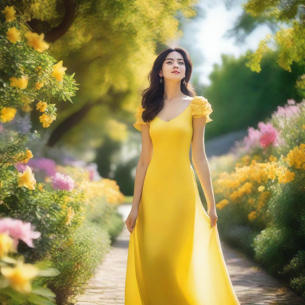 A front view of a woman in a yellow dress standing in a picturesque garden