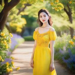 A front view of a woman in a yellow dress standing in a picturesque garden