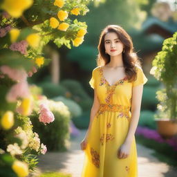 A front view of a woman in a yellow dress standing in a picturesque garden