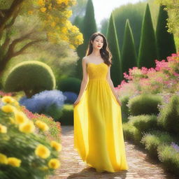 A front view of a woman in a yellow dress standing in a picturesque garden