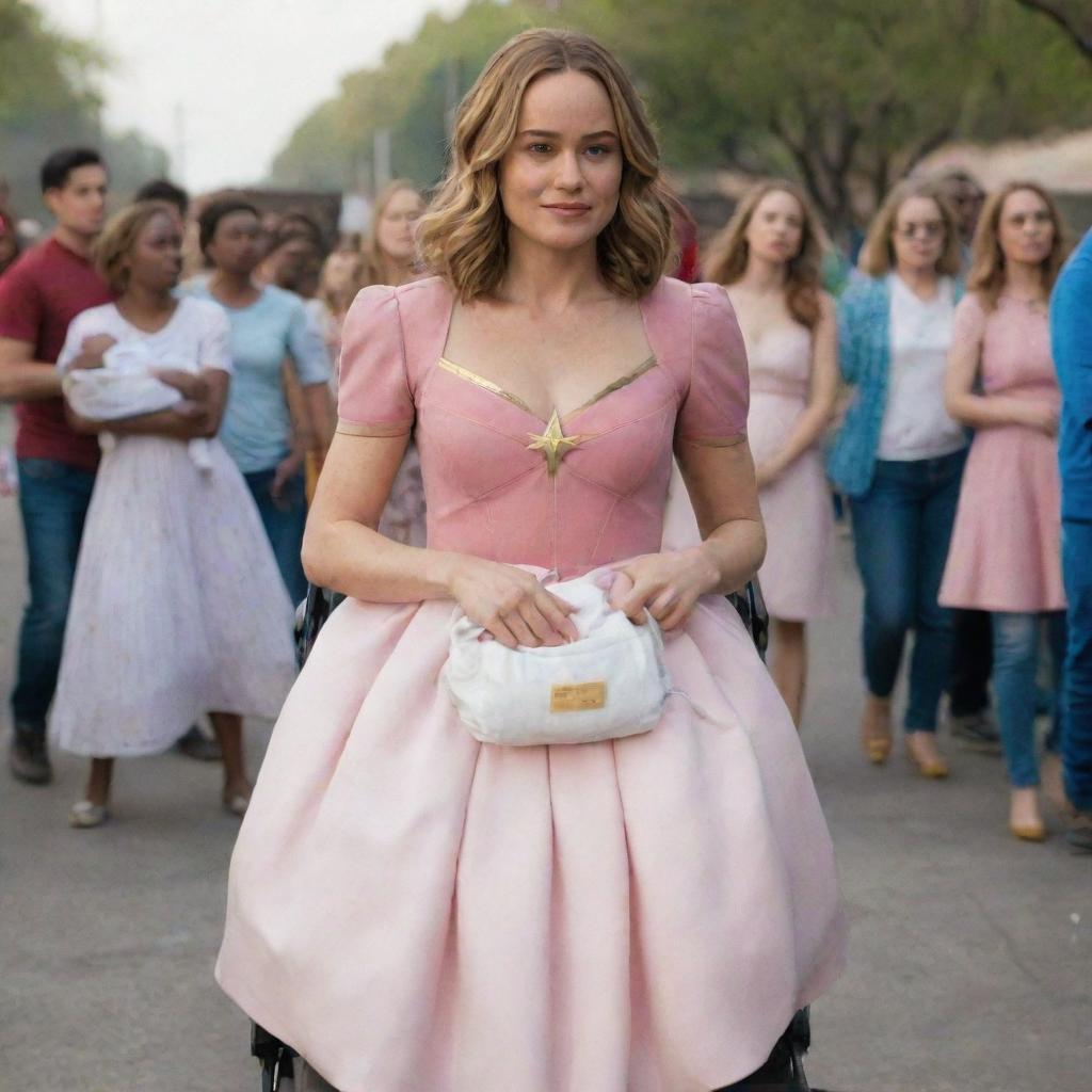 Brie Larson as Captain Marvel, dressed in a charming pink dress with diapers, being gently pushed in a baby stroller by benevolent alien women in a scene full of mirth and humor.