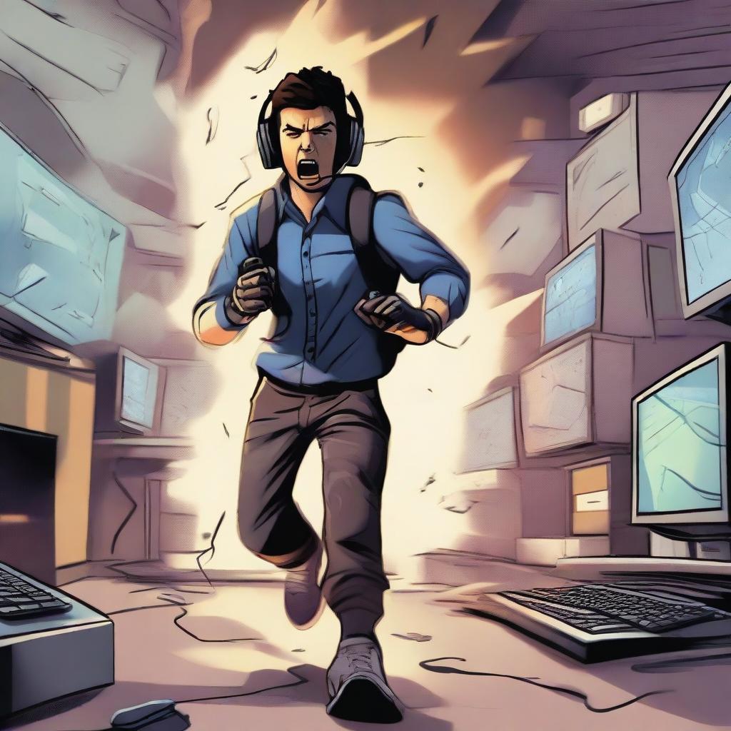 A gamer running away from a dangerous situation, wearing a headset and holding a controller, with a look of panic on their face