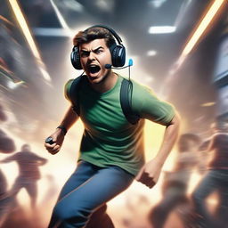 A gamer running away from a dangerous situation, wearing a headset and holding a controller, with a look of panic on their face