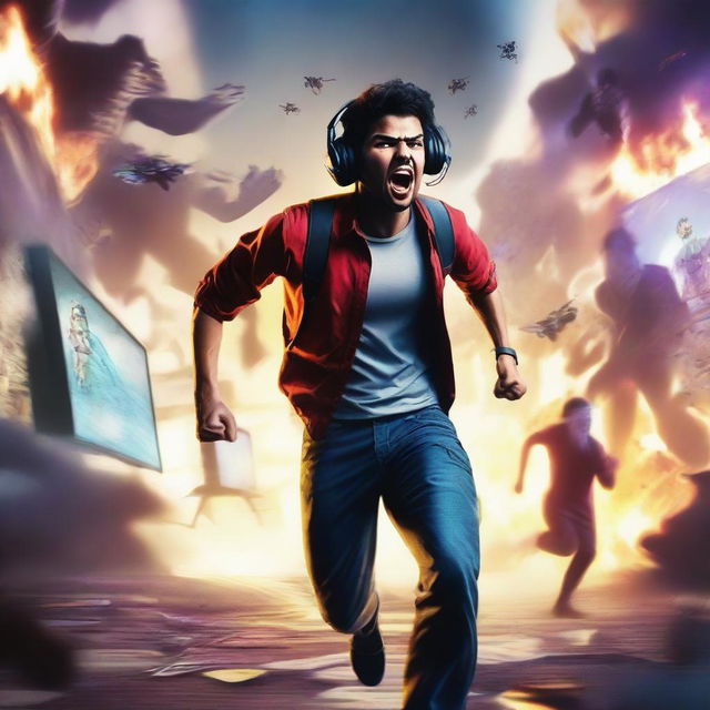 A gamer running away from a dangerous situation, wearing a headset and holding a controller, with a look of panic on their face