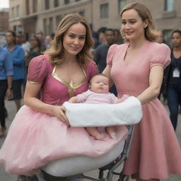 Brie Larson as Captain Marvel, dressed in a charming pink dress with diapers, being gently pushed in a baby stroller by benevolent alien women in a scene full of mirth and humor.