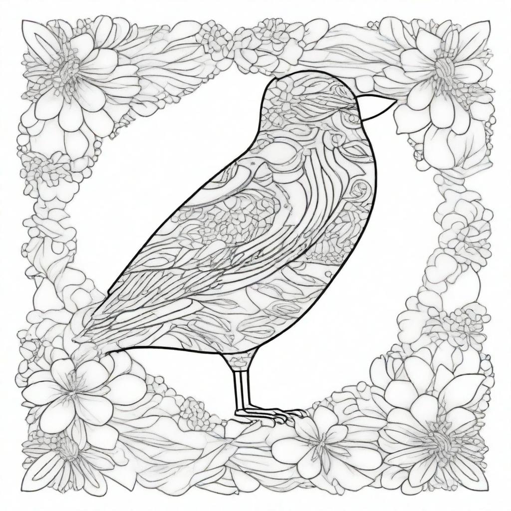 A detailed coloring book page designed for adults, featuring an intricate and elegant bird with elaborate patterns and designs