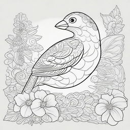 A detailed coloring book page designed for adults, featuring an intricate and elegant bird with elaborate patterns and designs