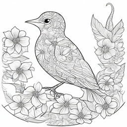 A detailed coloring book page designed for adults, featuring an intricate and elegant bird with elaborate patterns and designs