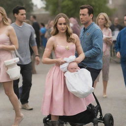 Brie Larson as Captain Marvel, dressed in a charming pink dress with diapers, being gently pushed in a baby stroller by benevolent alien women in a scene full of mirth and humor.