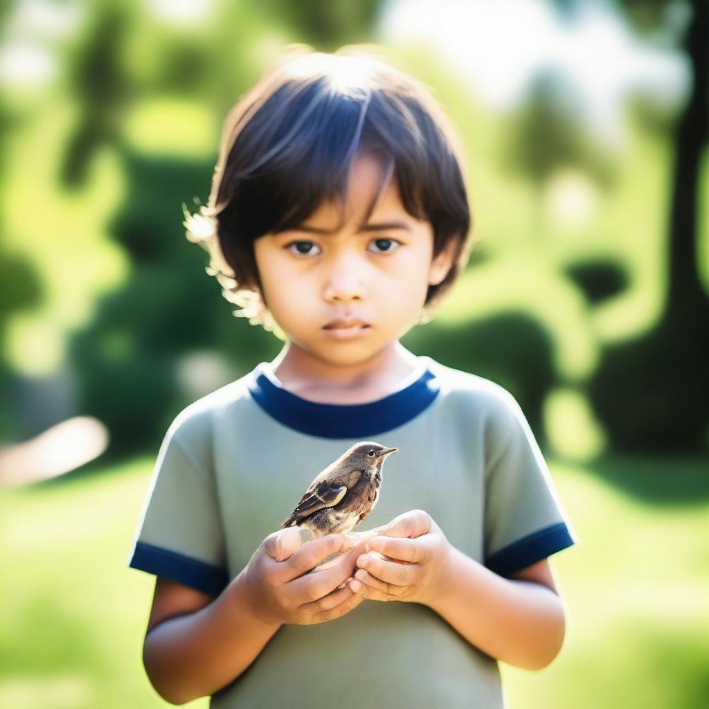 A child standing in a backyard, holding a small, lifeless bird in his hands