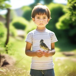 A child standing in a backyard, holding a small, lifeless bird in his hands