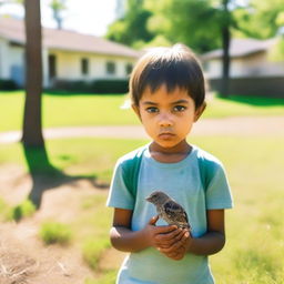 A child standing in a backyard, holding a small, lifeless bird in his hands