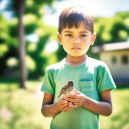 A child standing in a backyard, holding a small, lifeless bird in his hands