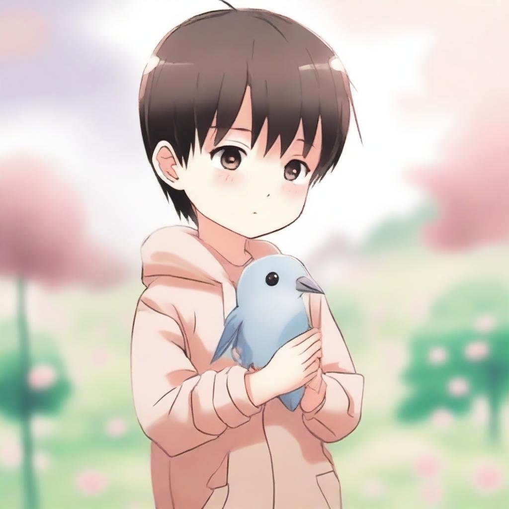 An anime-style illustration of a child crying, holding a small, lifeless bird in his hands