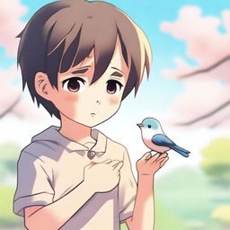 An anime-style illustration of a child crying, holding a small, lifeless bird in his hands