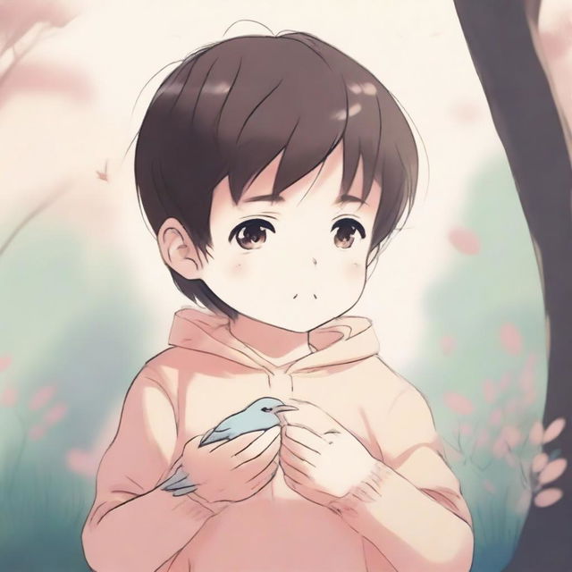 An anime-style illustration of a child crying, holding a small, lifeless bird in his hands