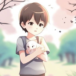 An anime-style illustration of a child crying, holding a small, lifeless bird in his hands