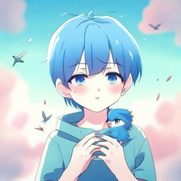 An anime-style illustration of a blue-haired boy crying, holding two small, lifeless birds in his hands