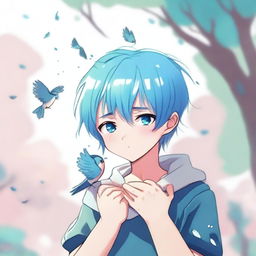 An anime-style illustration of a blue-haired boy crying, holding two small, lifeless birds in his hands