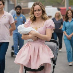 Brie Larson as Captain Marvel, dressed in a charming pink dress with diapers, being gently pushed in a baby stroller by benevolent alien women in a scene full of mirth and humor.