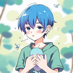 An anime-style illustration of a blue-haired boy crying, holding two small, lifeless birds in his hands